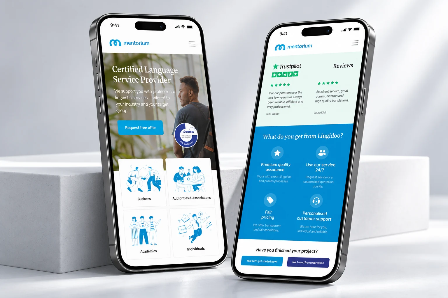 Mentorium — mobile service website concept mockup